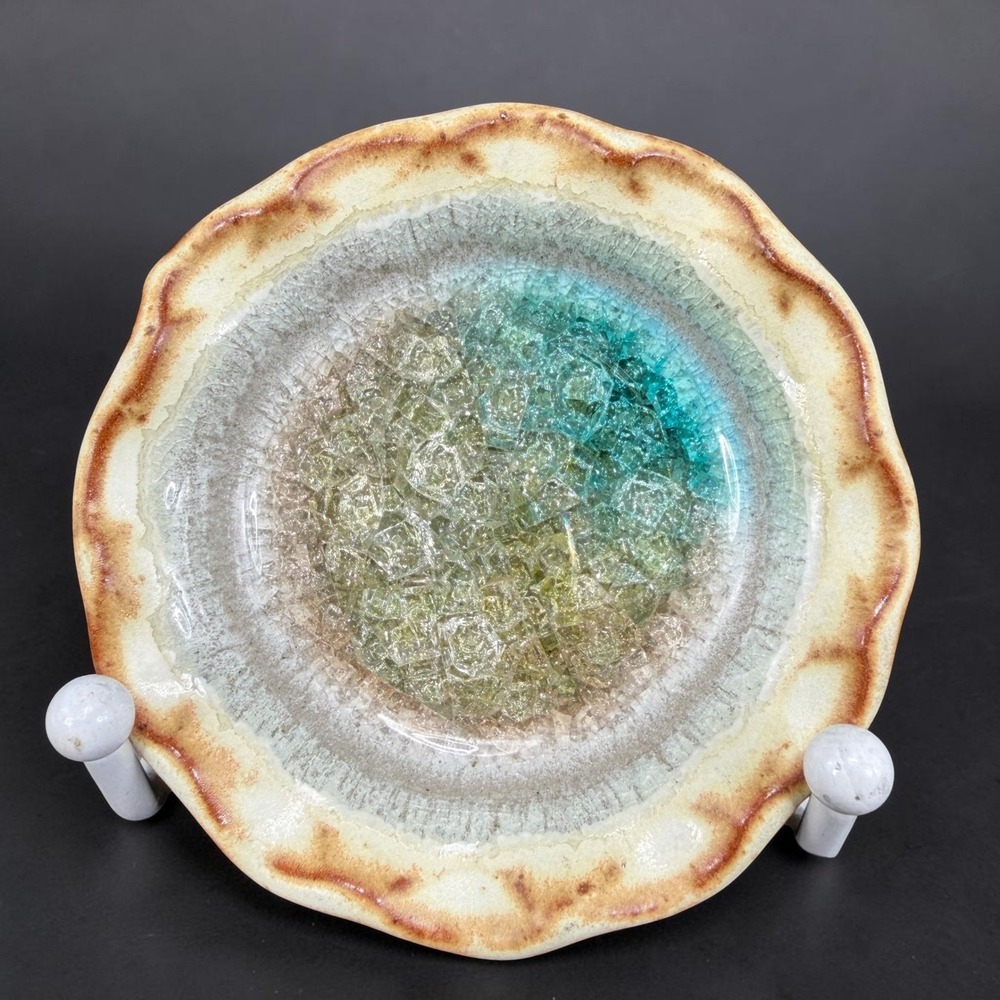 USA Studio Pottery Small Ruffled Bowl Crystalline Recycle Glaze Turquoise 3in